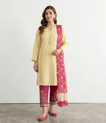 Pakistani Women's Yellow Kurta Set with Embroidered Pajama and Scarf