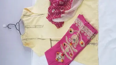 Pakistani Women's Yellow Kurta Set with Embroidered Pajama and Scarf
