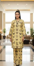 Beige Printed Linen 2-Piece V-Neck Shirt & Trouser Set