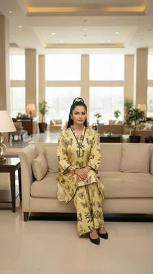 Beige Printed Linen 2-Piece V-Neck Shirt & Trouser Set