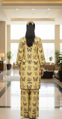 Beige Printed Linen 2-Piece V-Neck Shirt & Trouser Set