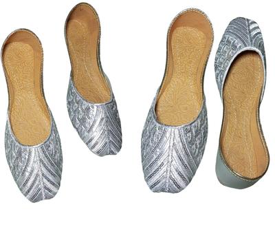 Women's Silver Embroidered Khussa PU Flat Shoes